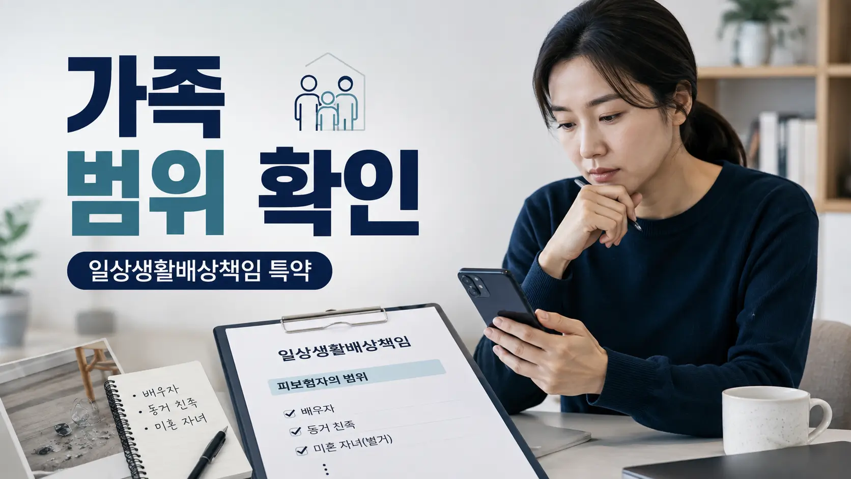 가족일상생활배상책임 특약 가족 범위 확인법: 부모·자녀·배우자는 어디까지 보장될까 1 가족일상생활배상책임 특약의 피보험자 가족 범위를 보험증권과 스마트폰으로 확인하는 여성