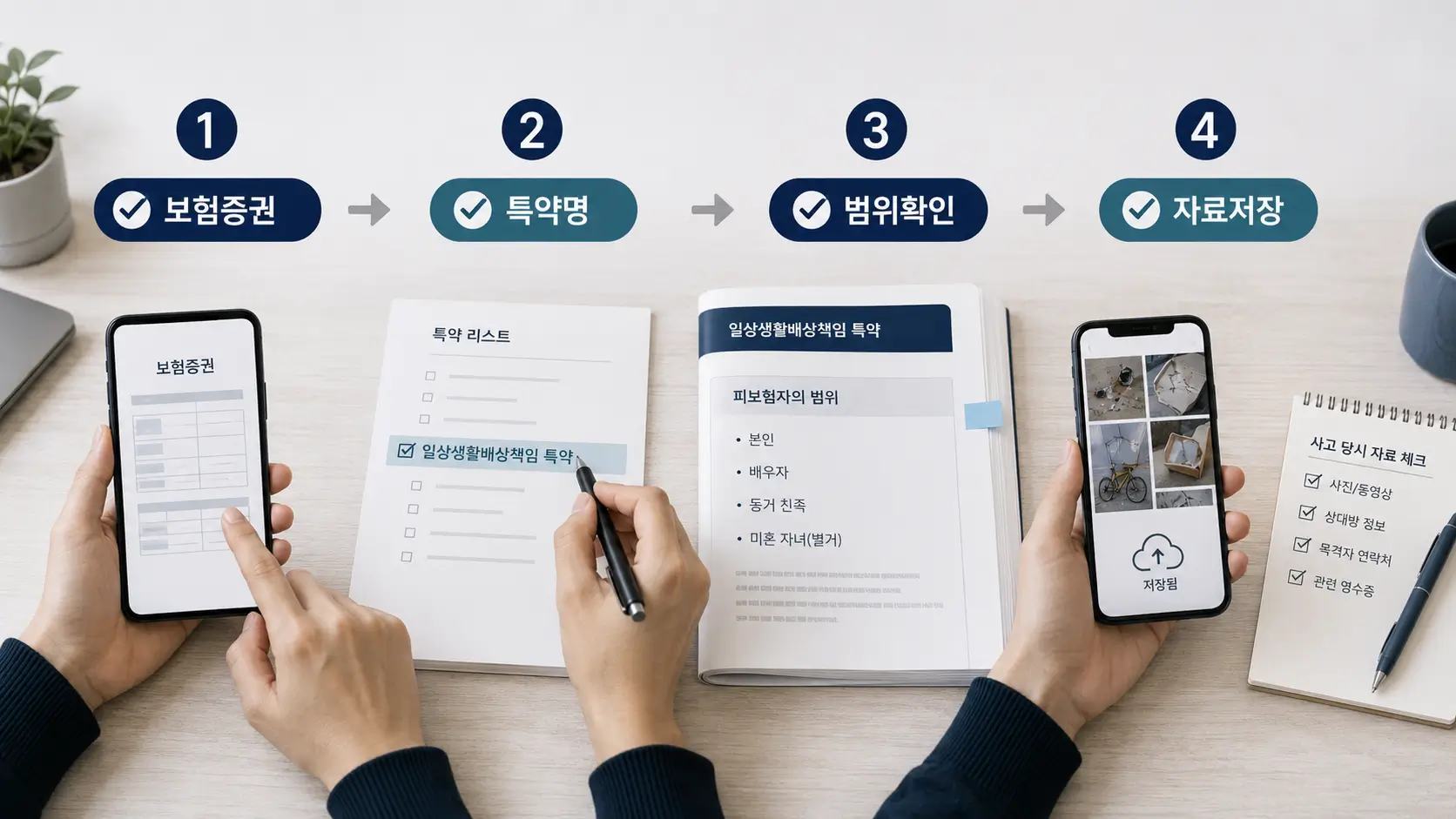 가족일상생활배상책임 특약 가족 범위 확인법: 부모·자녀·배우자는 어디까지 보장될까 3 보험증권에서 특약명과 피보험자 범위를 확인한 뒤 사고 자료를 저장하는 4단계 절차