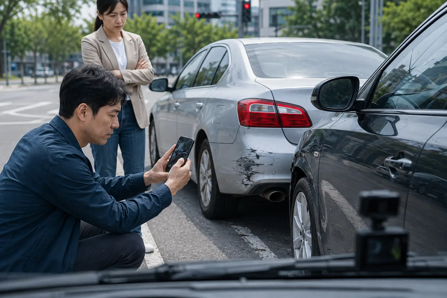 경미한 교통사고 현장에서 차량 파손 부위와 사고 상황을 스마트폰으로 촬영해 증거를 남기는 운전자