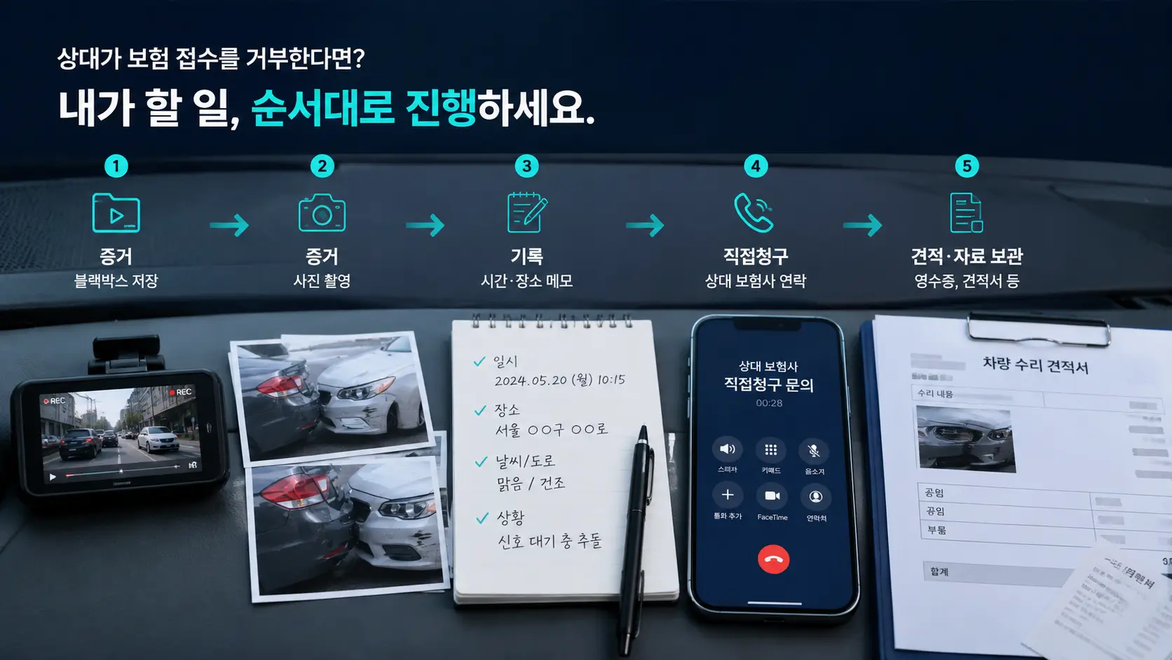 보험 접수 거부 후 블랙박스 영상과 사고 사진, 수리 견적서를 준비해 피해자 직접청구를 진행하는 순서