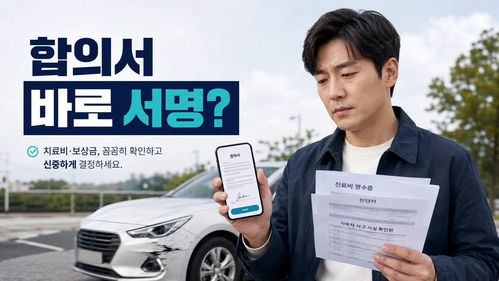 교통사고 후 보험사 합의서를 바로 서명할지 고민하며 치료비 영수증과 진단서를 확인하는 운전자