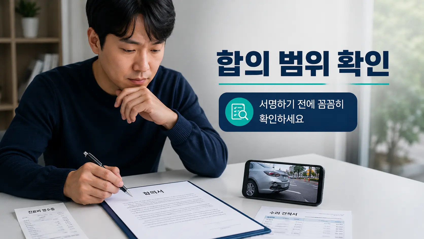 교통사고 합의서에 서명하기 전 합의 범위와 차량 손상 사진, 진료비 영수증, 수리 견적서를 확인하는 운전자