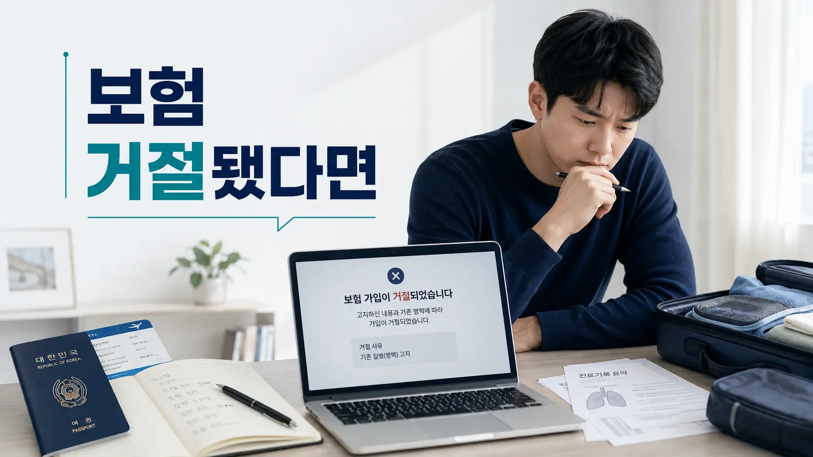 기존 질환으로 여행자보험 가입이 거절된 화면을 확인하며 여행 준비 서류를 살펴보는 남성