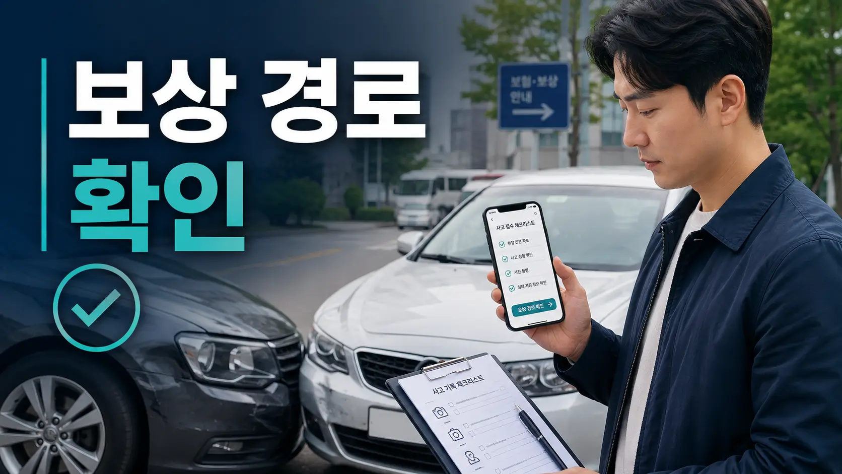 무보험 차량 사고 후 스마트폰으로 보상 경로와 사고 처리 절차를 확인하는 운전자