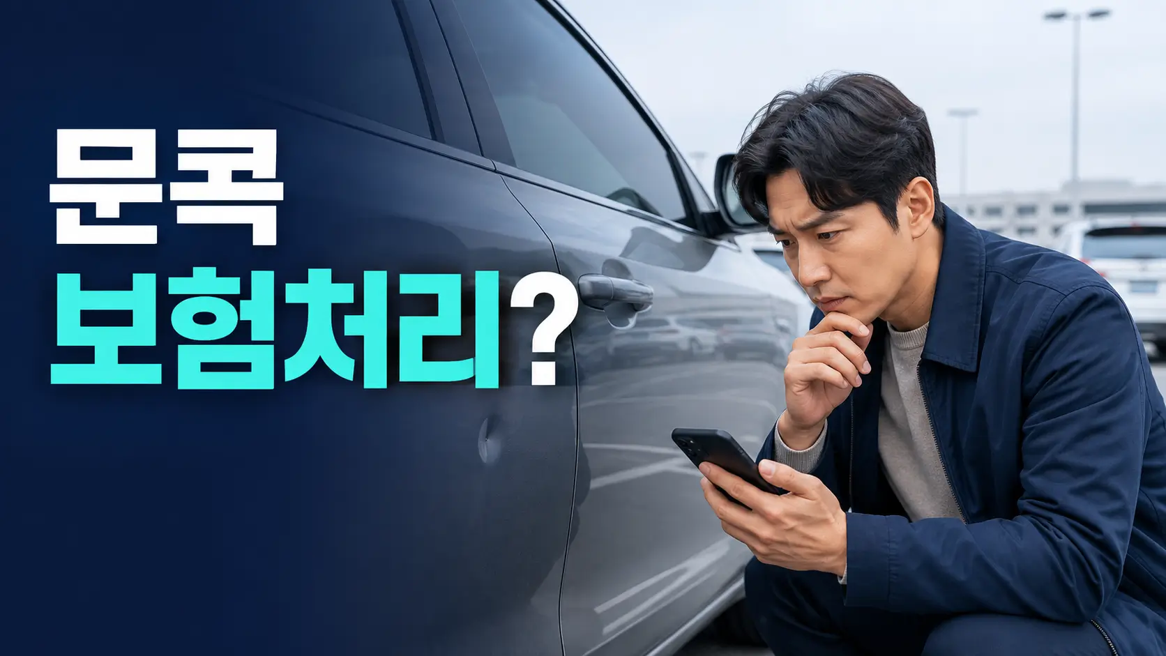 주차장에서 문콕이 생긴 차량 옆에서 스마트폰을 확인하며 보험처리를 고민하는 운전자