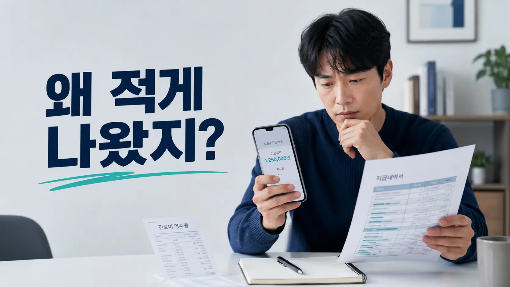 보험금이 예상보다 적게 지급돼 스마트폰 지급안내와 보험금 지급내역서를 확인하는 남성