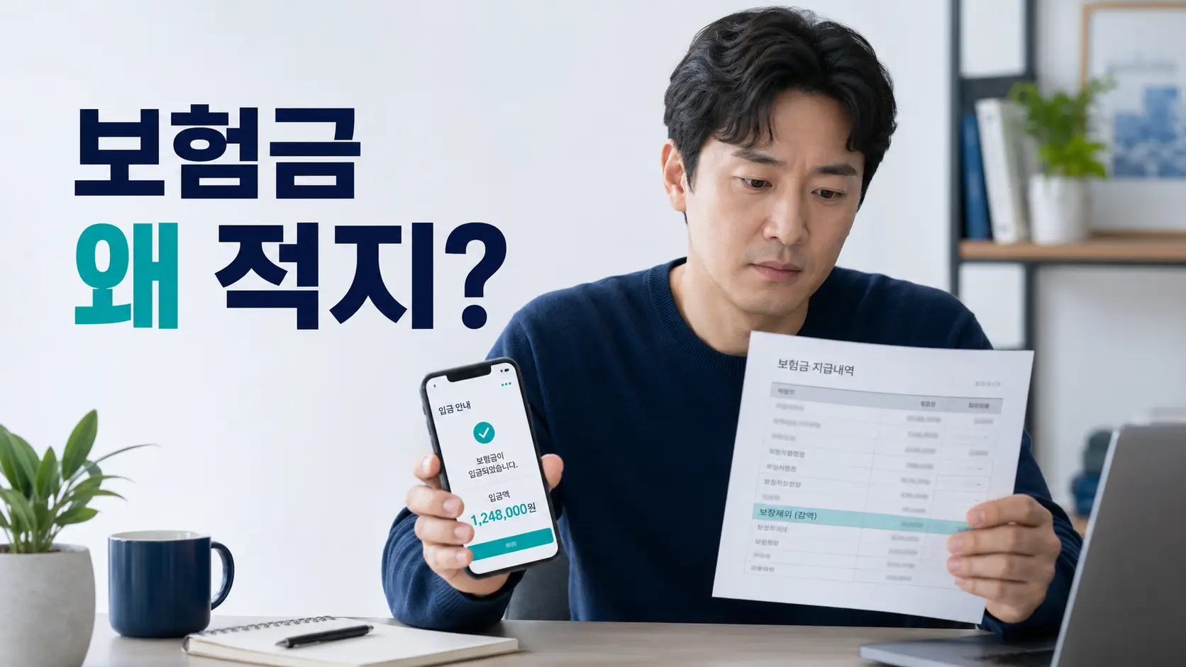 예상보다 적게 지급된 보험금과 보험금 지급내역서를 비교해 확인하는 모습
