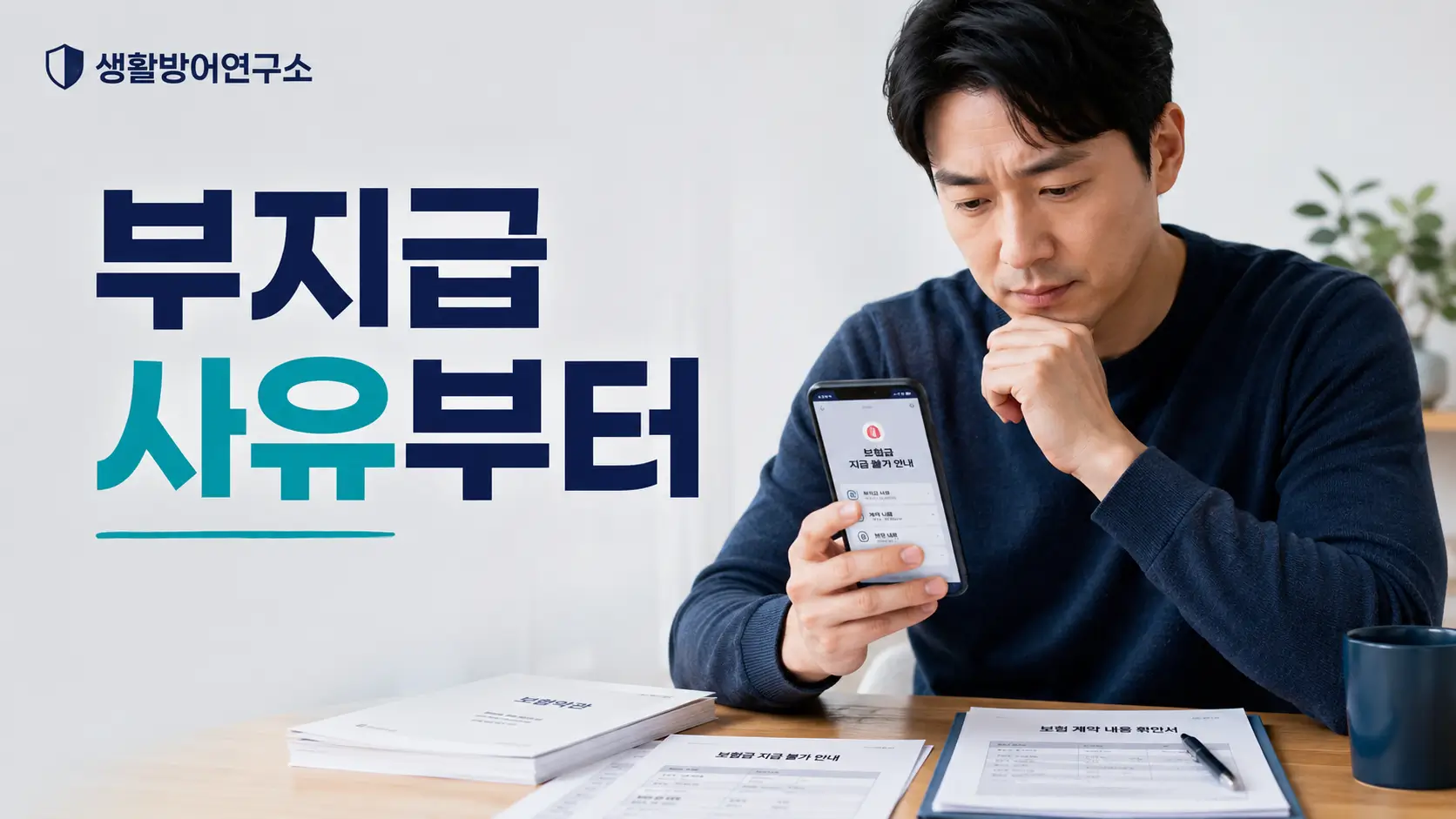 보험금 지급 거절 안내를 확인하며 부지급 사유와 보험 서류를 검토하는 남성