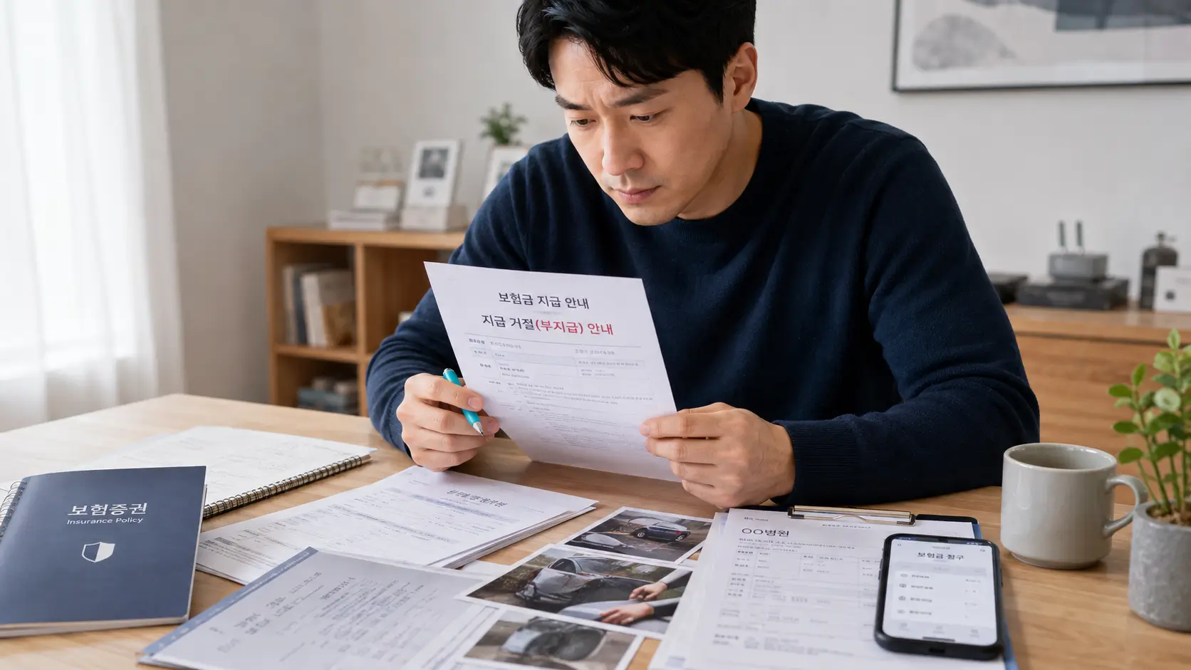 보험금 부지급 안내서와 보험약관, 증빙자료를 함께 검토하는 가입자