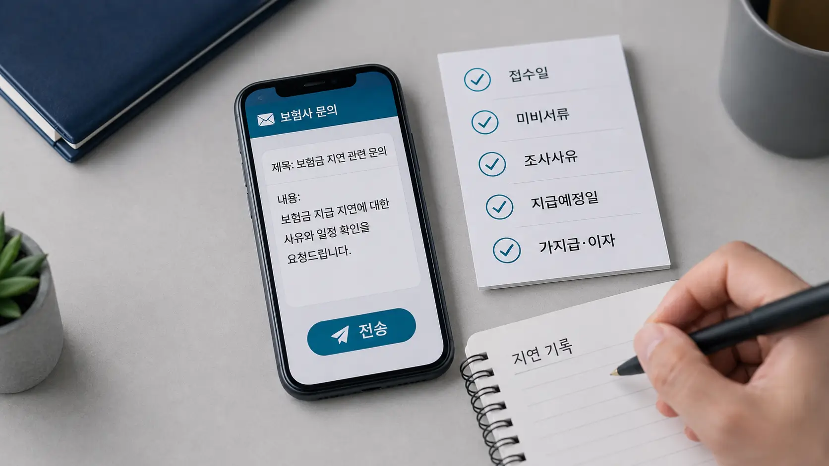 보험금 지급 지연에 대해 접수일, 미비서류, 조사 사유, 지급예정일과 지연이자를 확인하며 서면 문의를 준비하는 모습