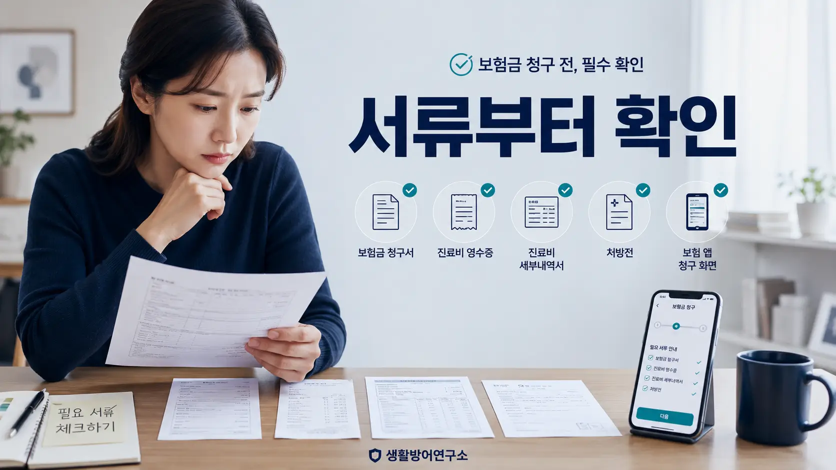 보험금 청구 전 필요한 서류와 보험 앱을 확인하는 여성