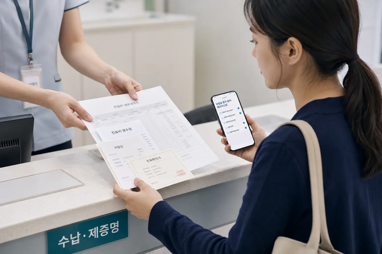 병원 창구에서 진료비 영수증과 세부내역서를 확인하는 보험금 청구자