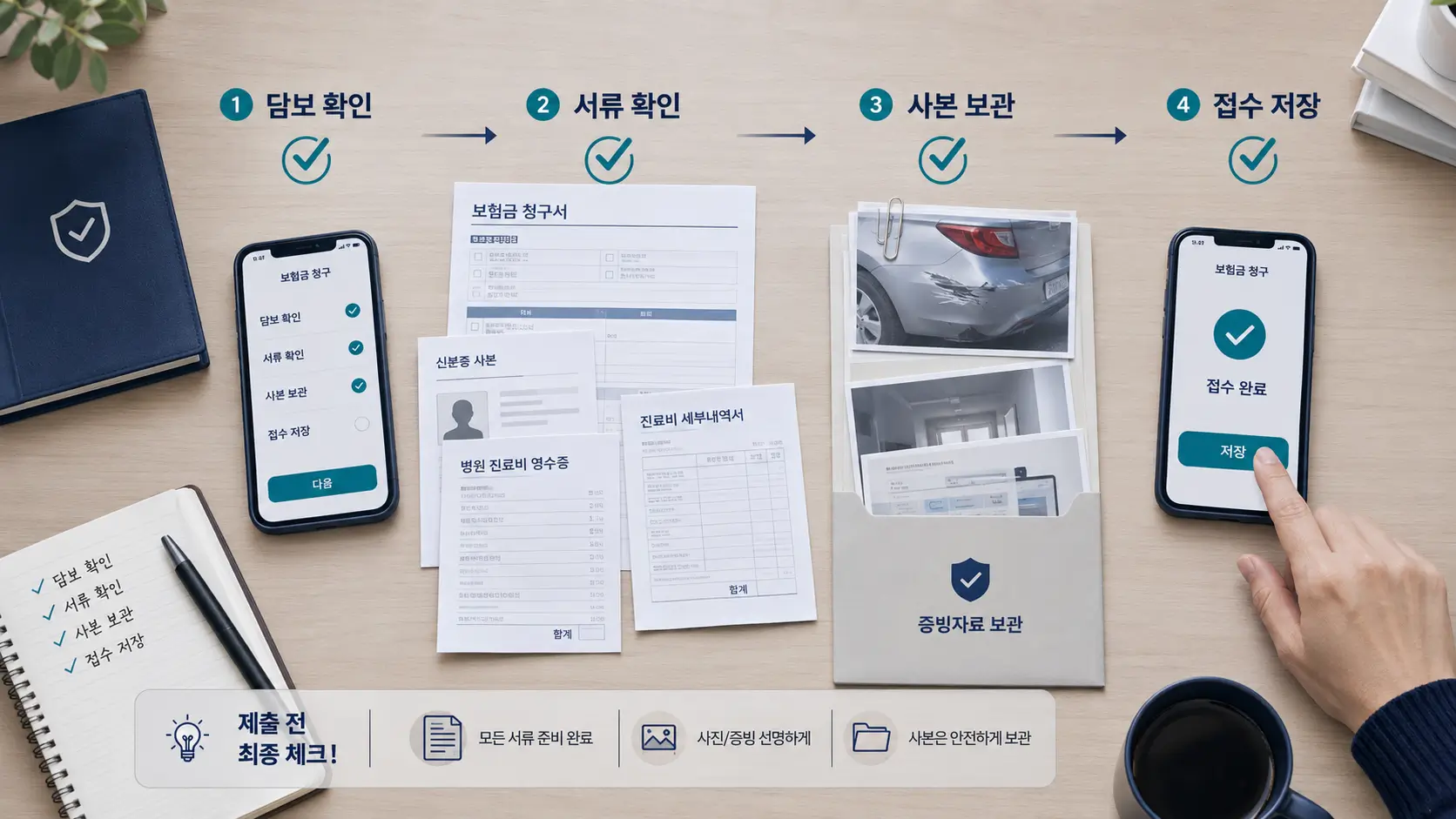 보험금 청구 전 담보와 서류를 확인하고 증빙자료 사본과 접수내역을 보관하는 절차