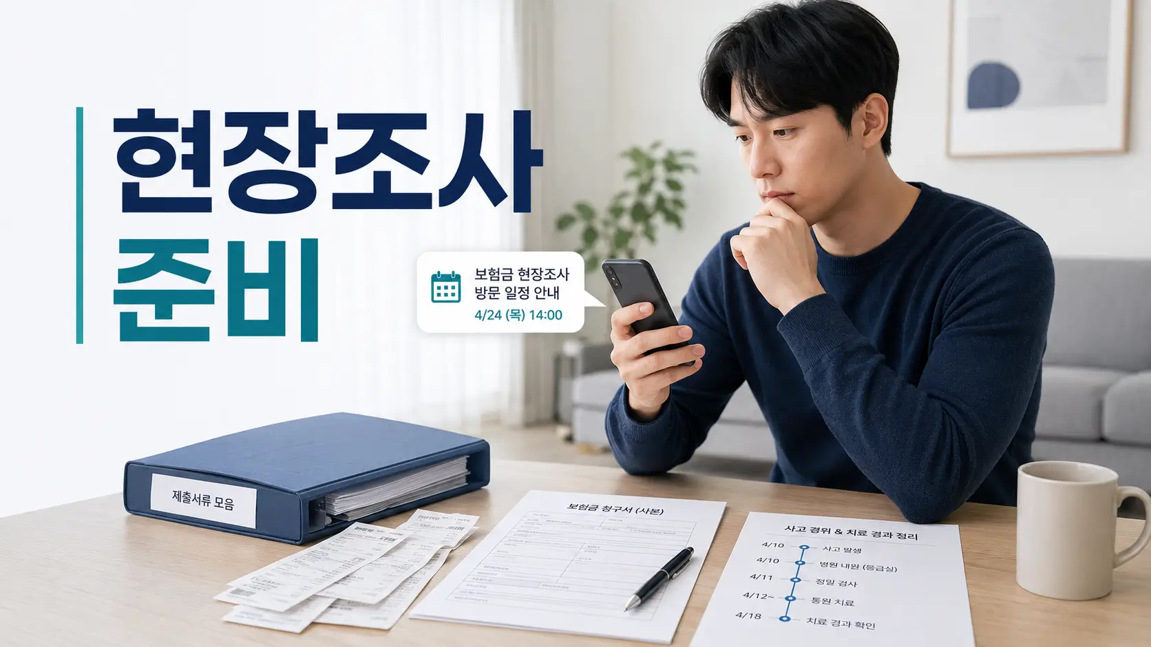 보험금 현장조사 연락을 받고 스마트폰을 확인하며 청구서류와 치료 경과를 정리하는 남성
