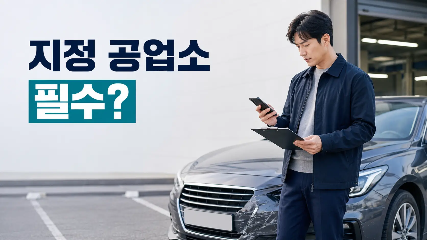 보험사 지정 공업소 이용 여부를 고민하며 사고 차량 옆에서 스마트폰과 수리 서류를 확인하는 운전자