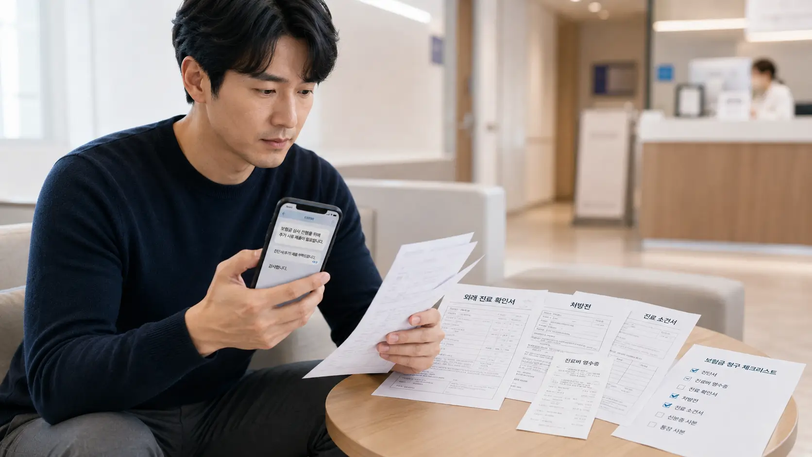 보험사가 추가 진단서를 요구할 때 먼저 확인할 5가지 3 병원 대기실에서 추가 진단서 요청 메시지와 진료확인서·처방전·소견서를 비교하는 남성