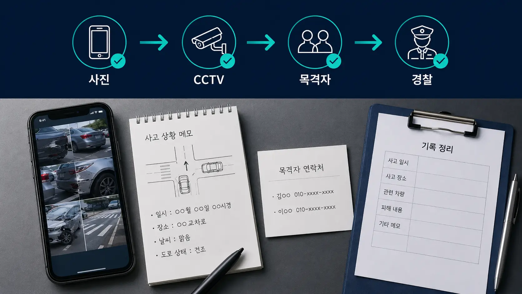 교통사고 사진과 CCTV, 목격자, 경찰 기록을 순서대로 정리한 증거 확보 안내 이미지