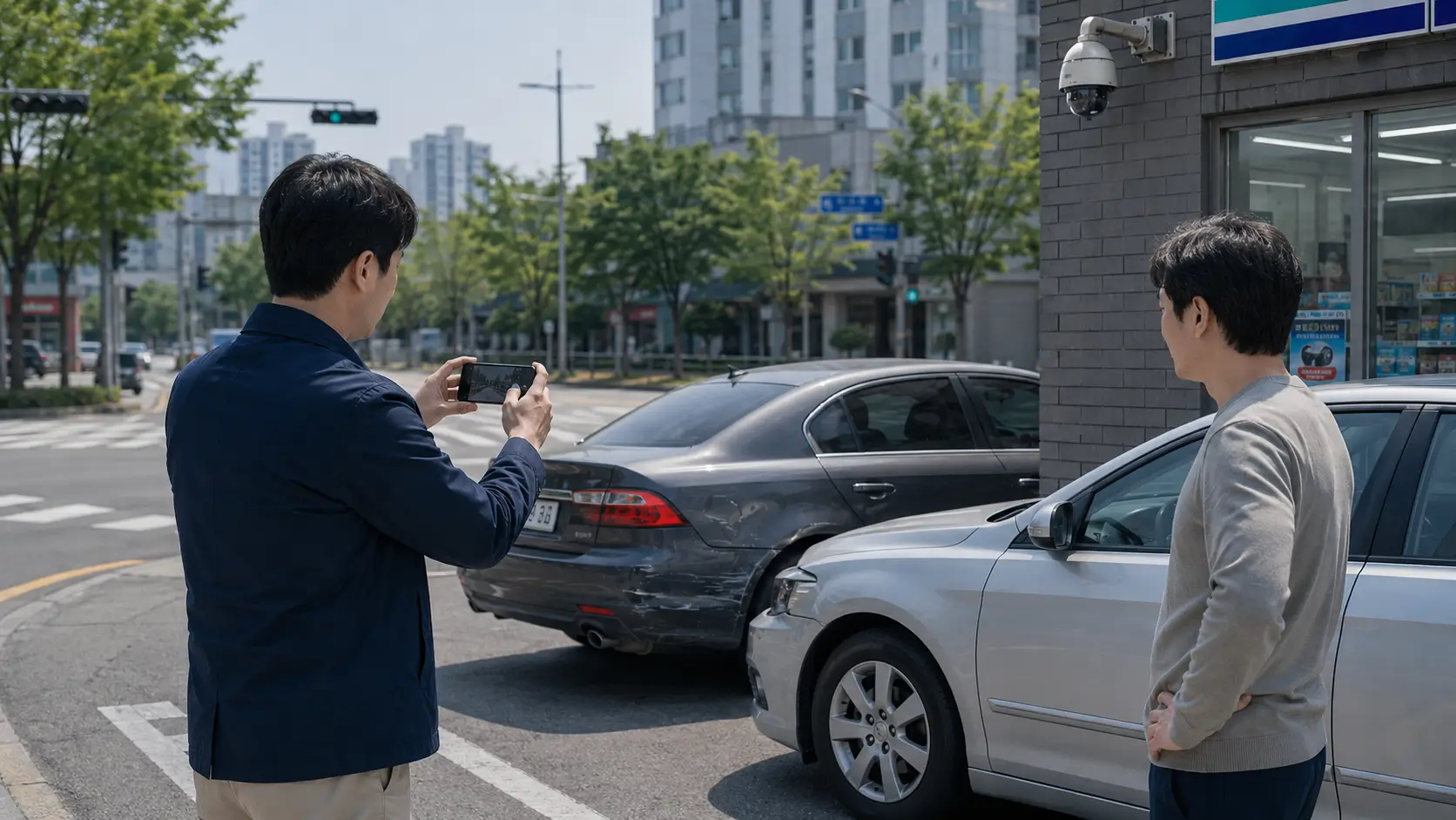 경미한 자동차 접촉사고 현장에서 운전자가 차량 손상과 사고 위치를 스마트폰으로 촬영하는 모습