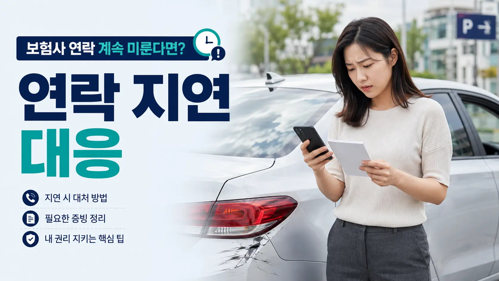 상대방 보험사의 연락 지연에 대응하기 위해 사고 차량 옆에서 스마트폰과 서류를 확인하는 운전자