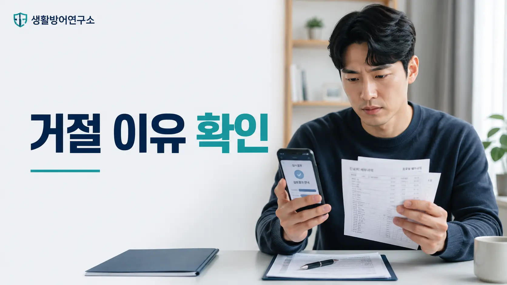 실손보험 청구 거절 사유를 확인하며 보험 서류와 스마트폰 심사 결과를 살펴보는 소비자