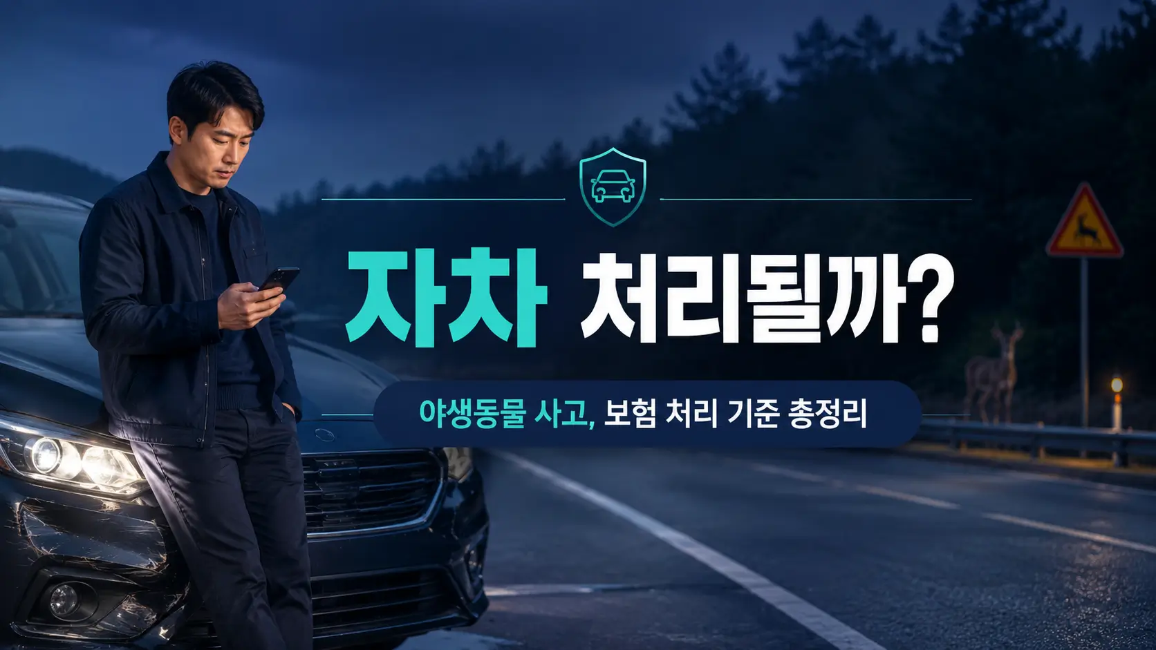 야생동물 충돌로 차량 앞부분이 파손된 뒤 스마트폰으로 자동차보험 처리를 확인하는 운전자