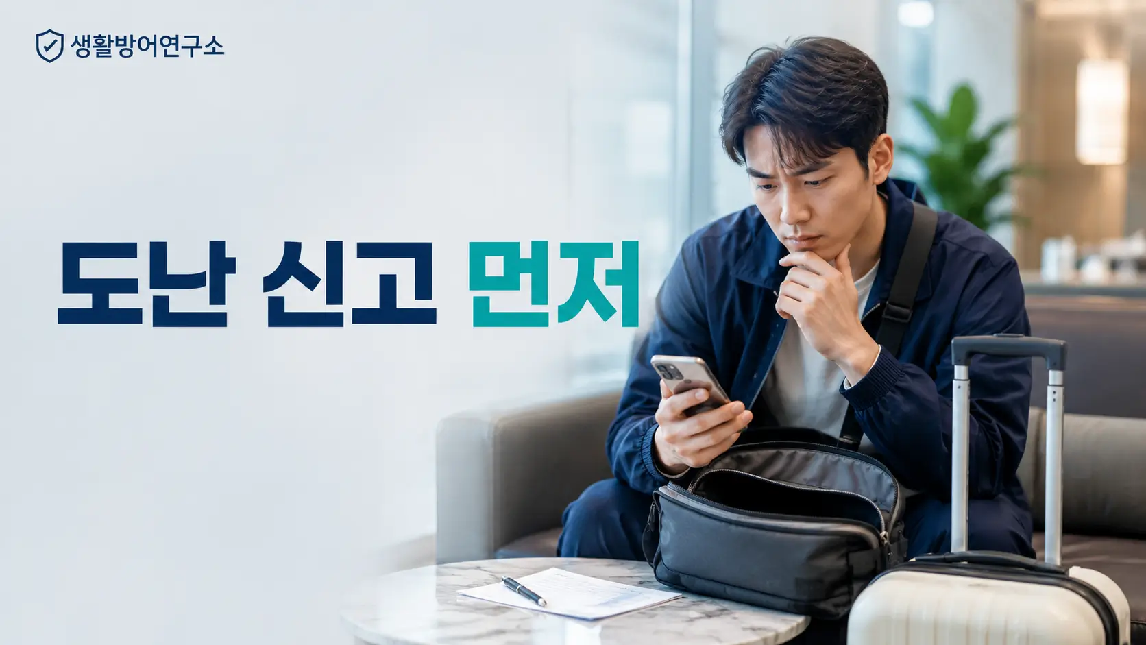 해외여행 중 물건을 도난당한 뒤 경찰 신고를 준비하는 한국인 여행자