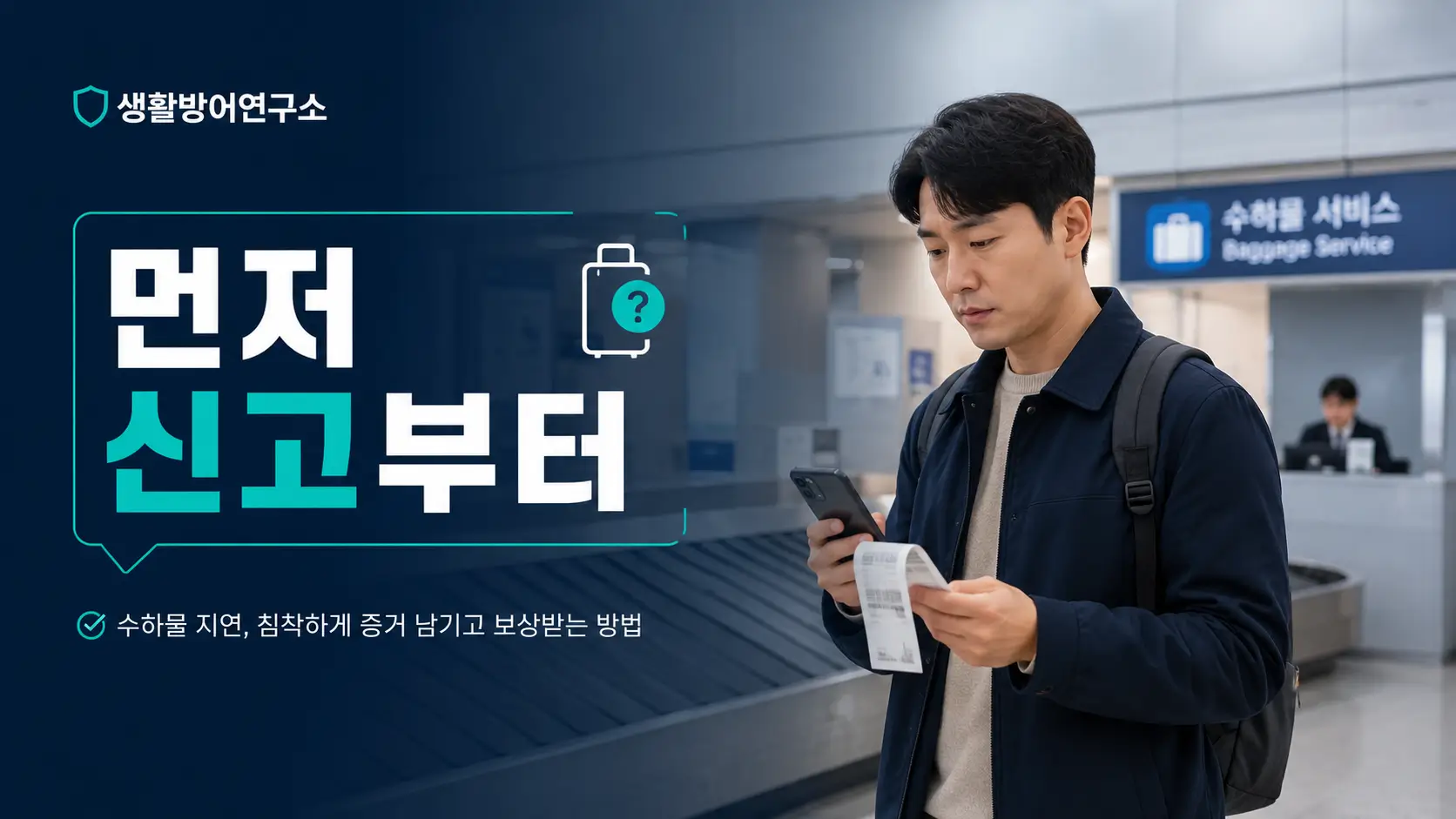 공항 수하물 벨트 앞에서 캐리어 지연을 확인하며 휴대전화와 수하물표를 살펴보는 여행자