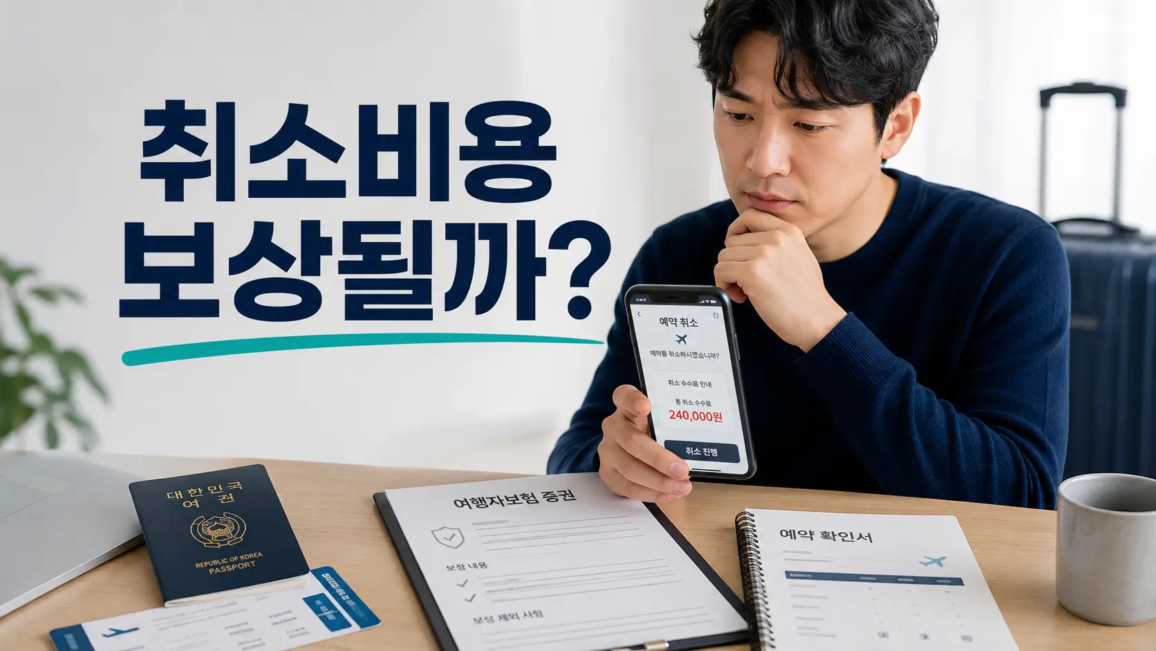 여행 취소 비용 보상 여부를 확인하기 위해 여행자보험 증권과 예약 취소 화면을 살펴보는 남성