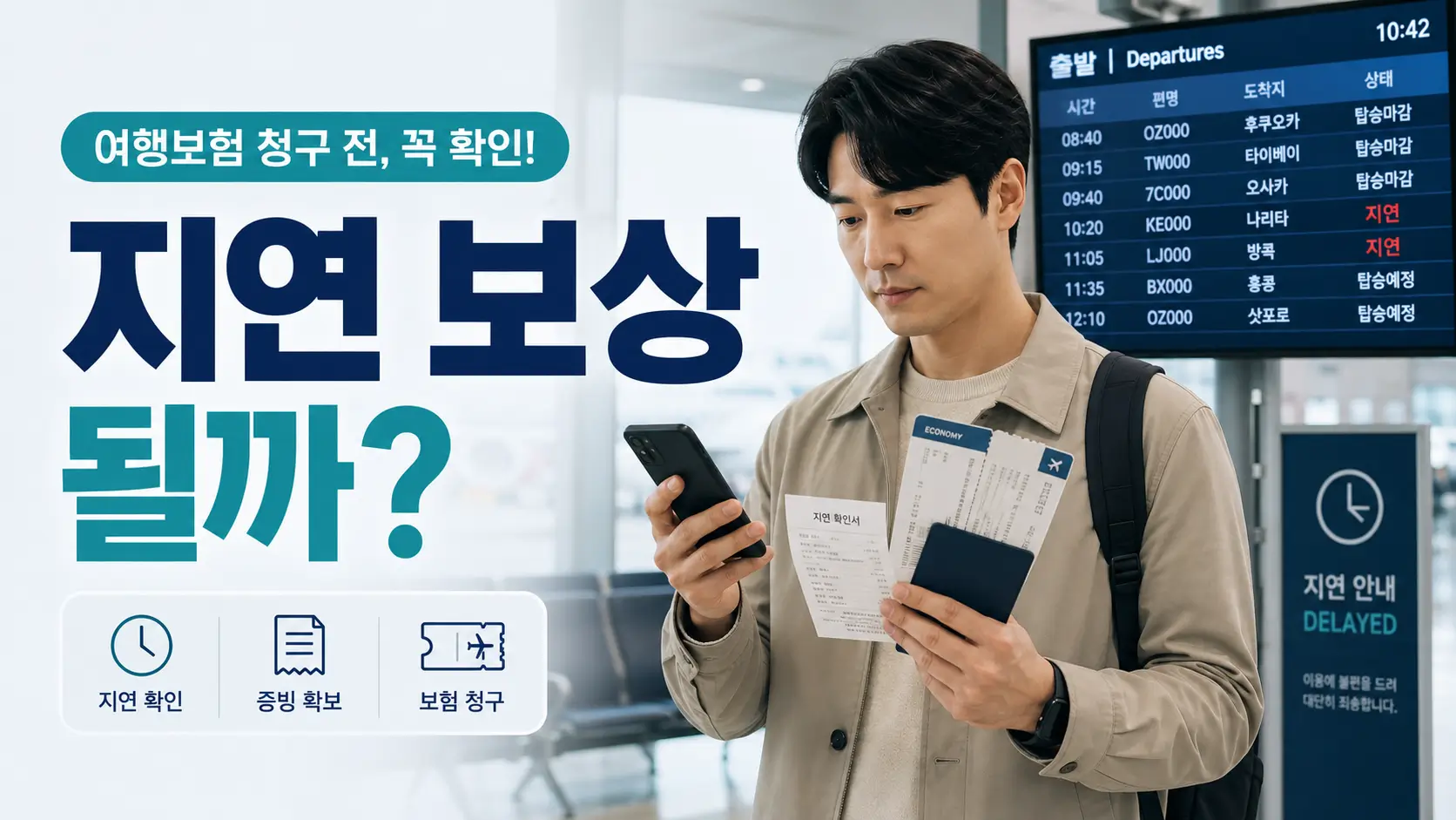 공항에서 항공편 지연 안내를 확인하며 여행자보험 청구 서류를 살펴보는 여행객