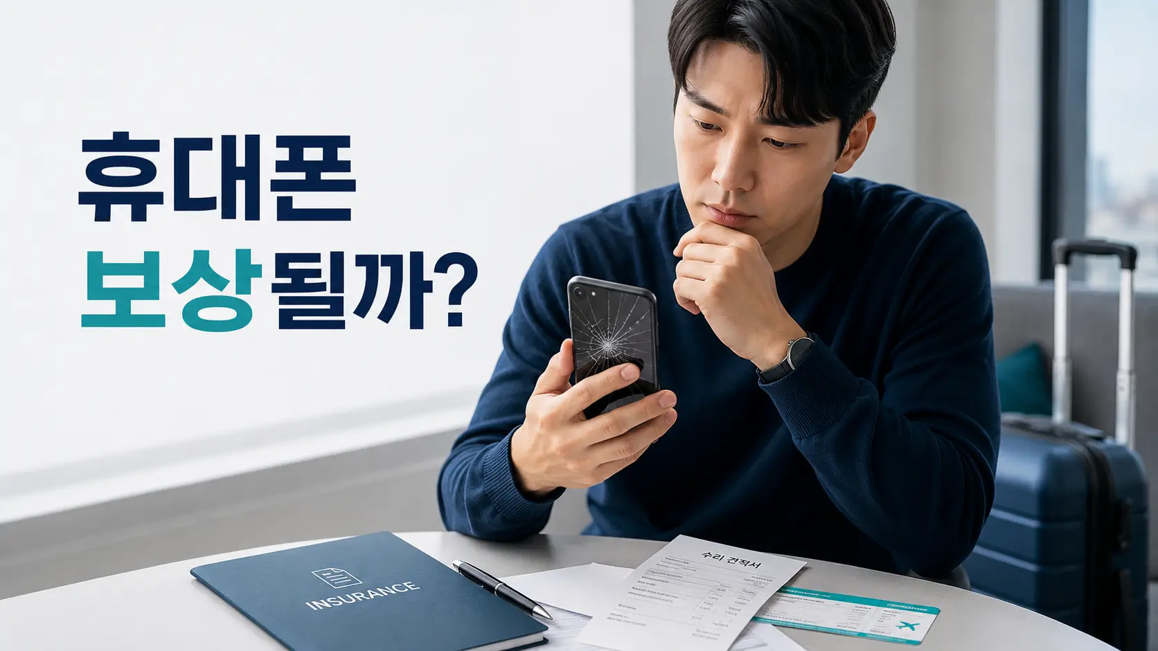 여행 중 파손된 휴대폰을 확인하며 여행자보험 보상 여부를 고민하는 여행자