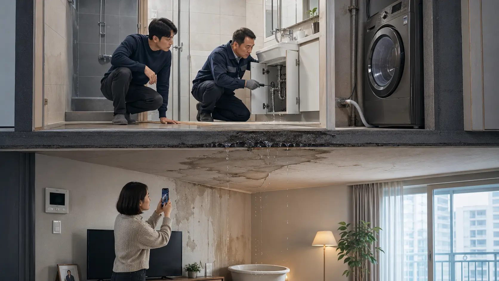 위층 배관 누수 원인을 점검하는 동안 아래층 거주자가 천장 누수 피해를 촬영하는 모습