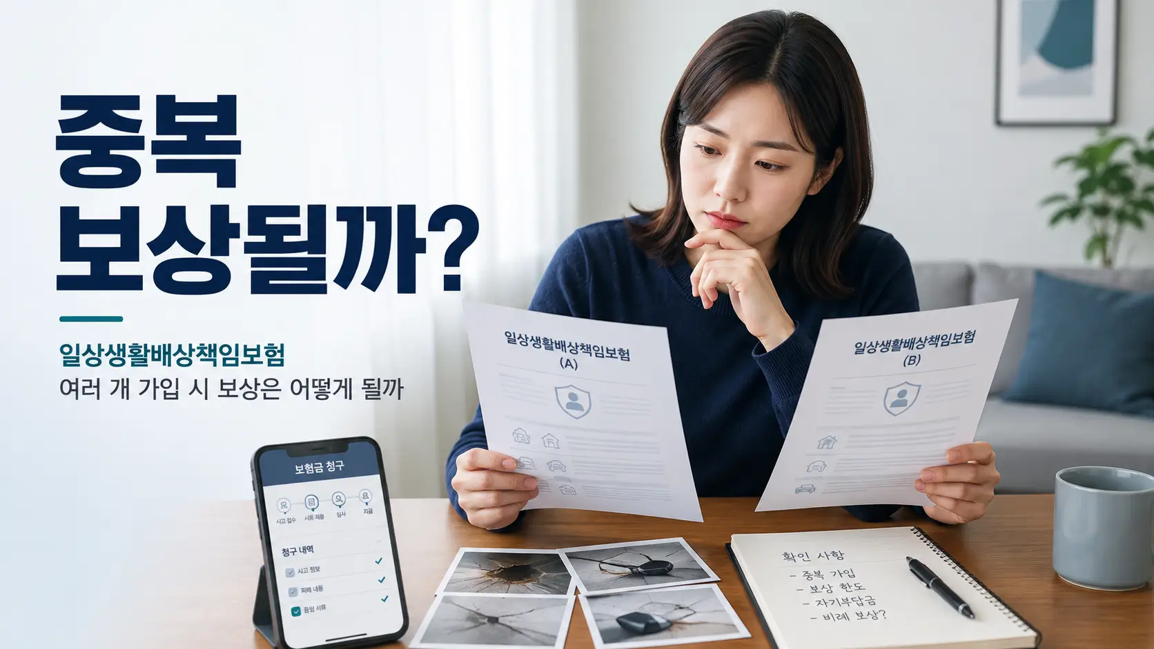 일상생활배상책임보험 여러 개의 보험증권을 비교하며 중복 보상 여부를 확인하는 여성
