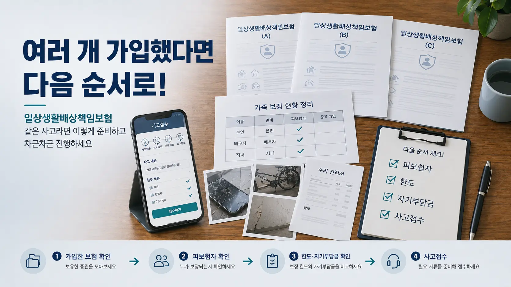 일상생활배상책임보험이 여러 개일 때 보상방법: 중복보상 아닌 비례분담 4 여러 일상생활배상책임보험의 피보험자 범위와 보상한도, 자기부담금, 사고접수 순서를 정리한 모습