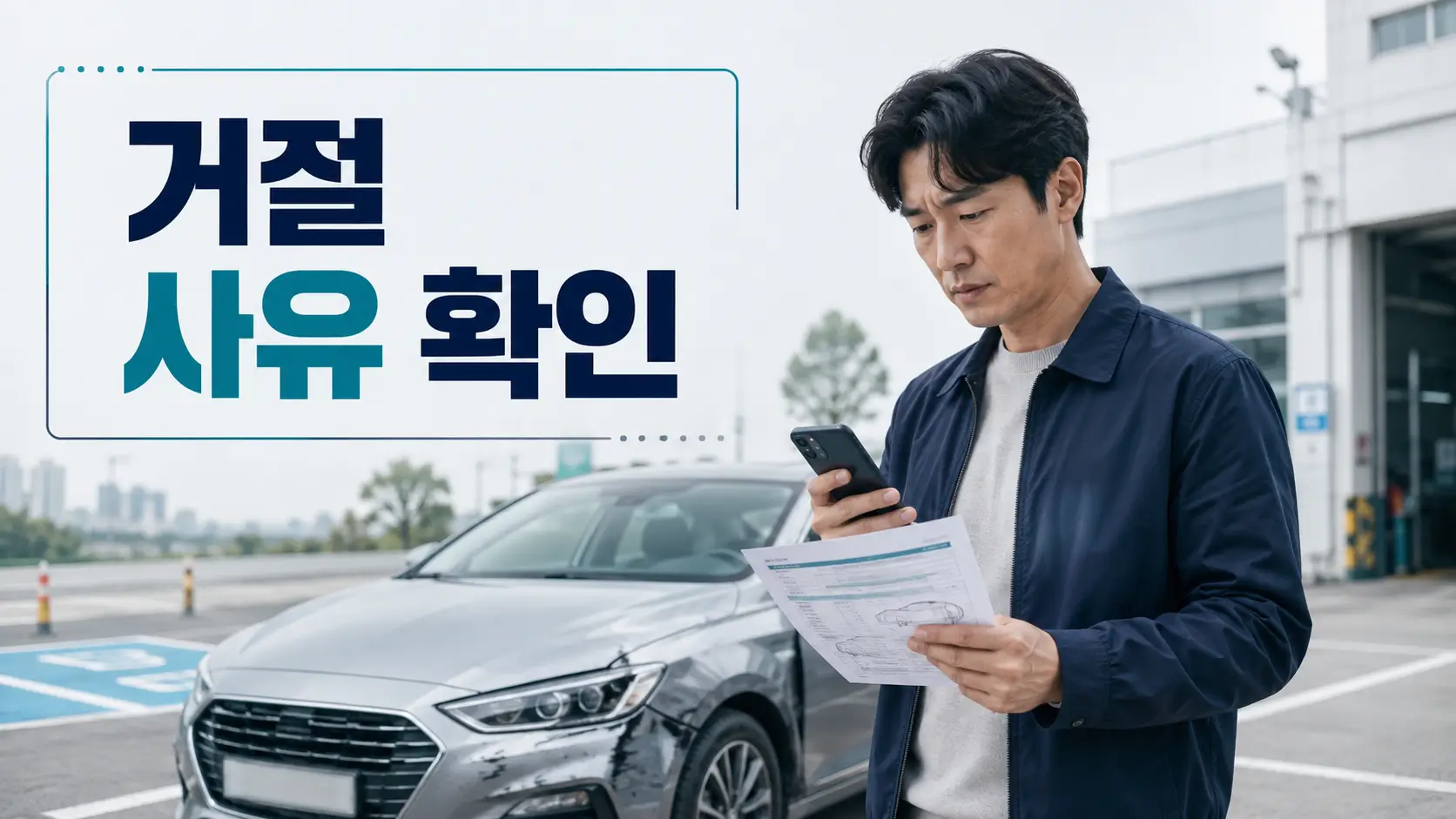 자동차 격락손해 보상 거절 후 차량 수리견적서와 스마트폰으로 거절 사유를 확인하는 운전자