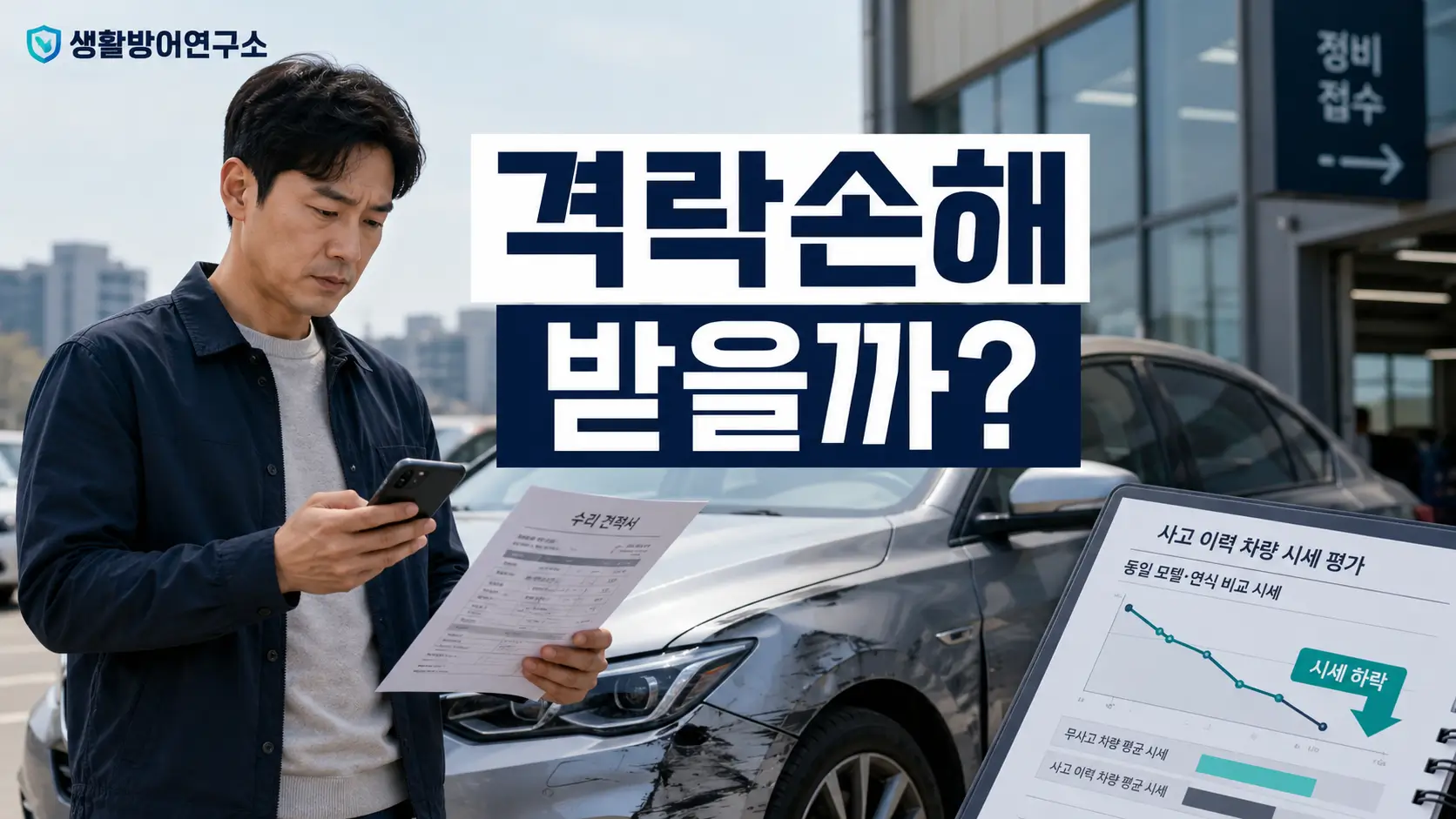 자동차 사고 후 차량 격락손해 보상 가능 여부를 확인하는 운전자와 파손 차량