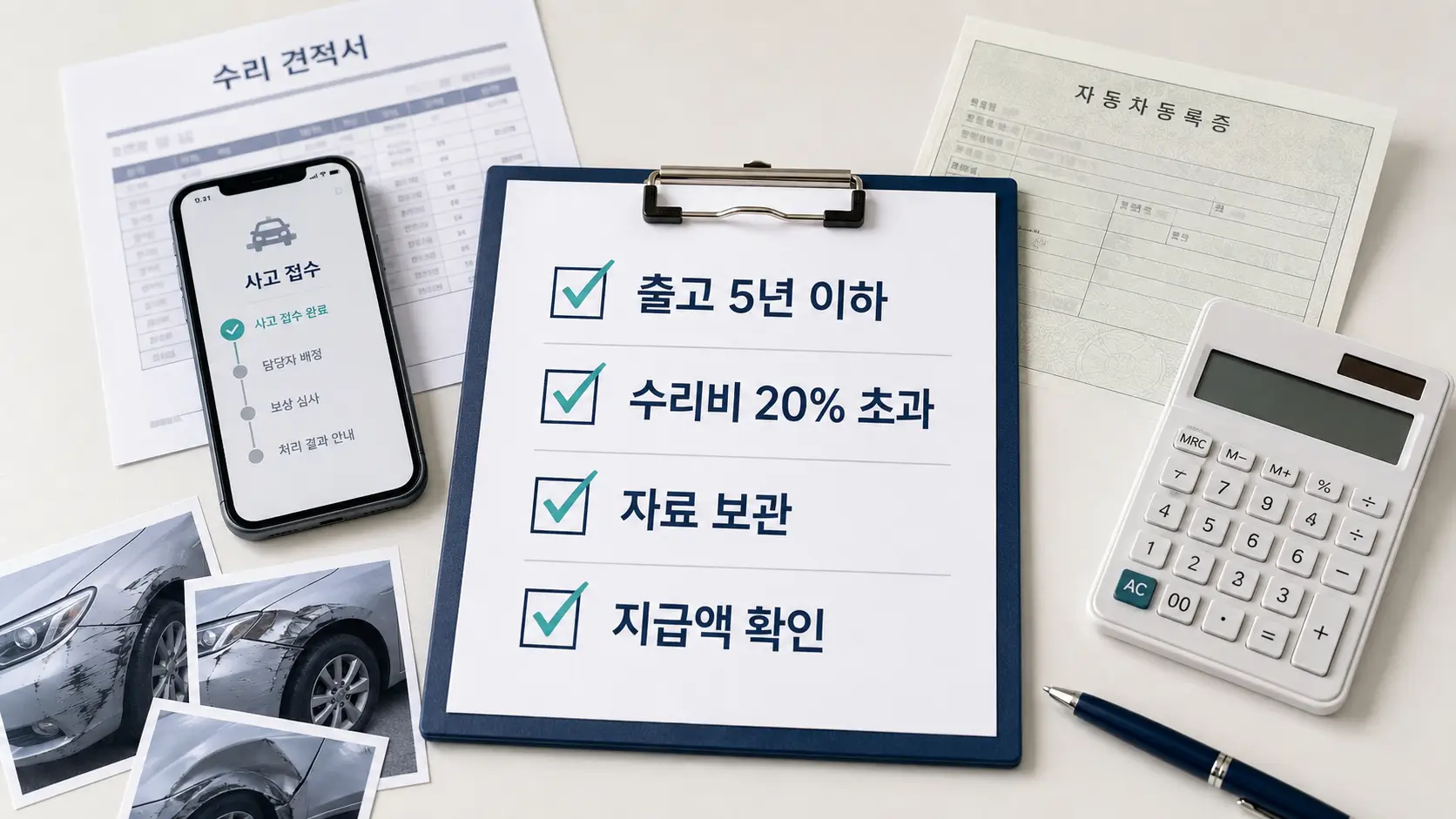 자동차 격락손해 보상을 위해 출고 연식과 수리비, 사고 자료, 지급액을 확인하는 체크리스트