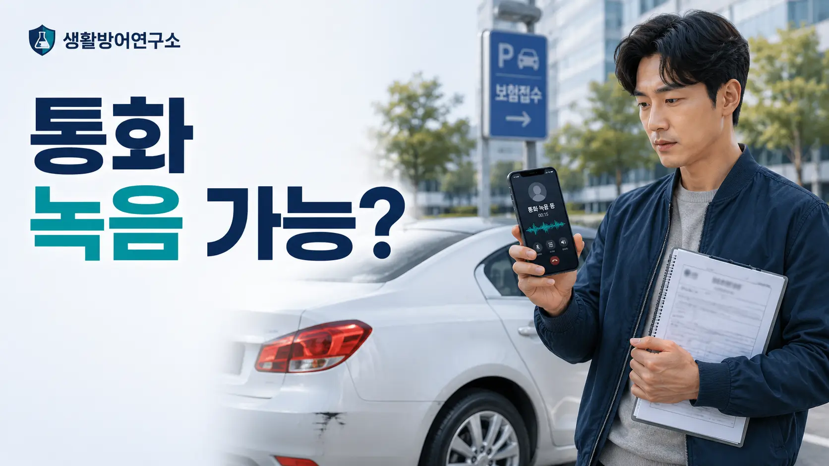 자동차 옆에서 스마트폰으로 보험사 통화를 녹음하며 사고 관련 서류를 확인하는 운전자