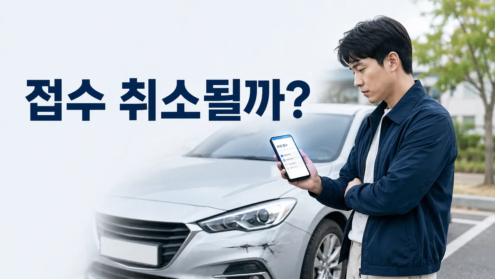 자동차 사고 접수 취소 가능 여부를 확인하며 스마트폰을 보는 운전자와 경미하게 파손된 차량