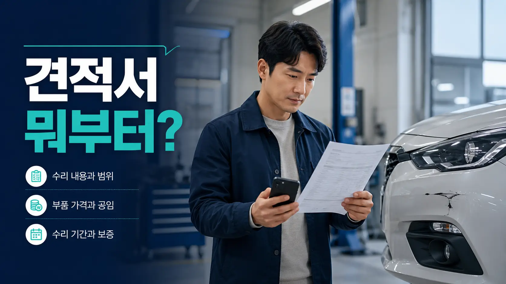 자동차 수리 견적서를 들고 스마트폰으로 수리 내용을 확인하는 운전자
