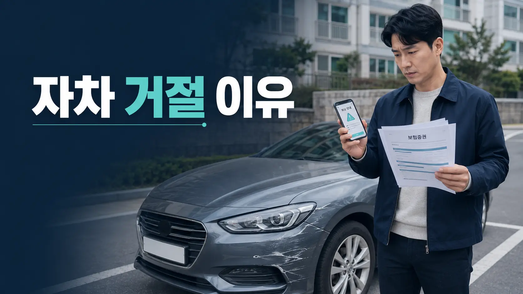 자차보험 처리 거절 후 보험증권과 스마트폰을 확인하는 운전자와 파손된 차량