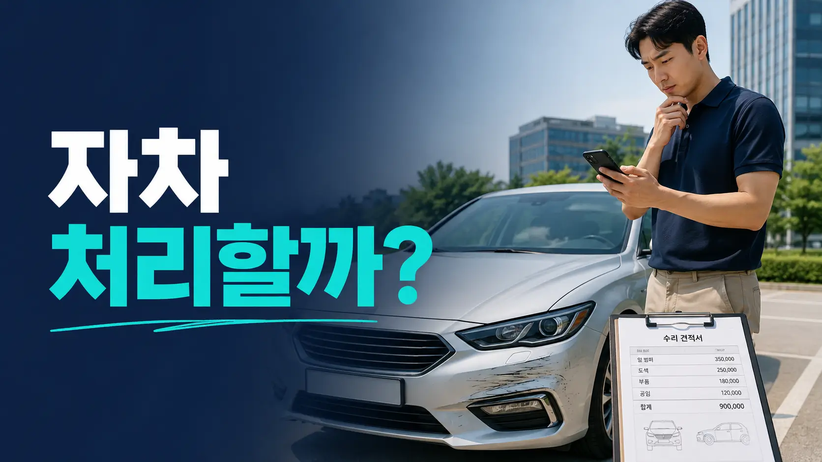 자차보험 처리와 현금수리 사이에서 고민하며 차량 수리 견적을 확인하는 운전자