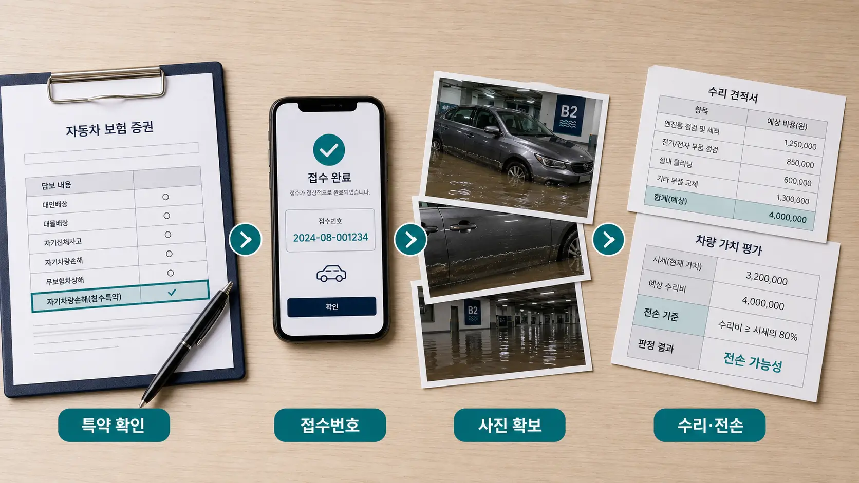 침수차 보험 특약, 사고 접수번호, 피해 사진, 수리비와 전손 여부를 순서대로 확인하는 과정