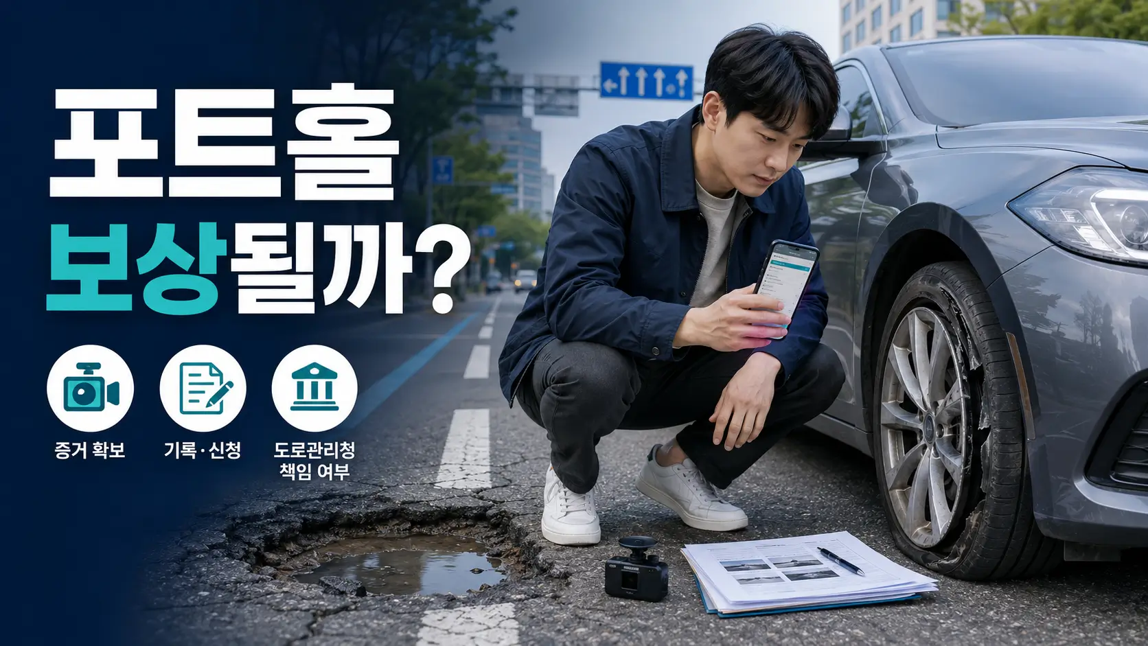 포트홀 옆에서 파손된 타이어와 휠을 확인하며 보상 절차를 살펴보는 운전자