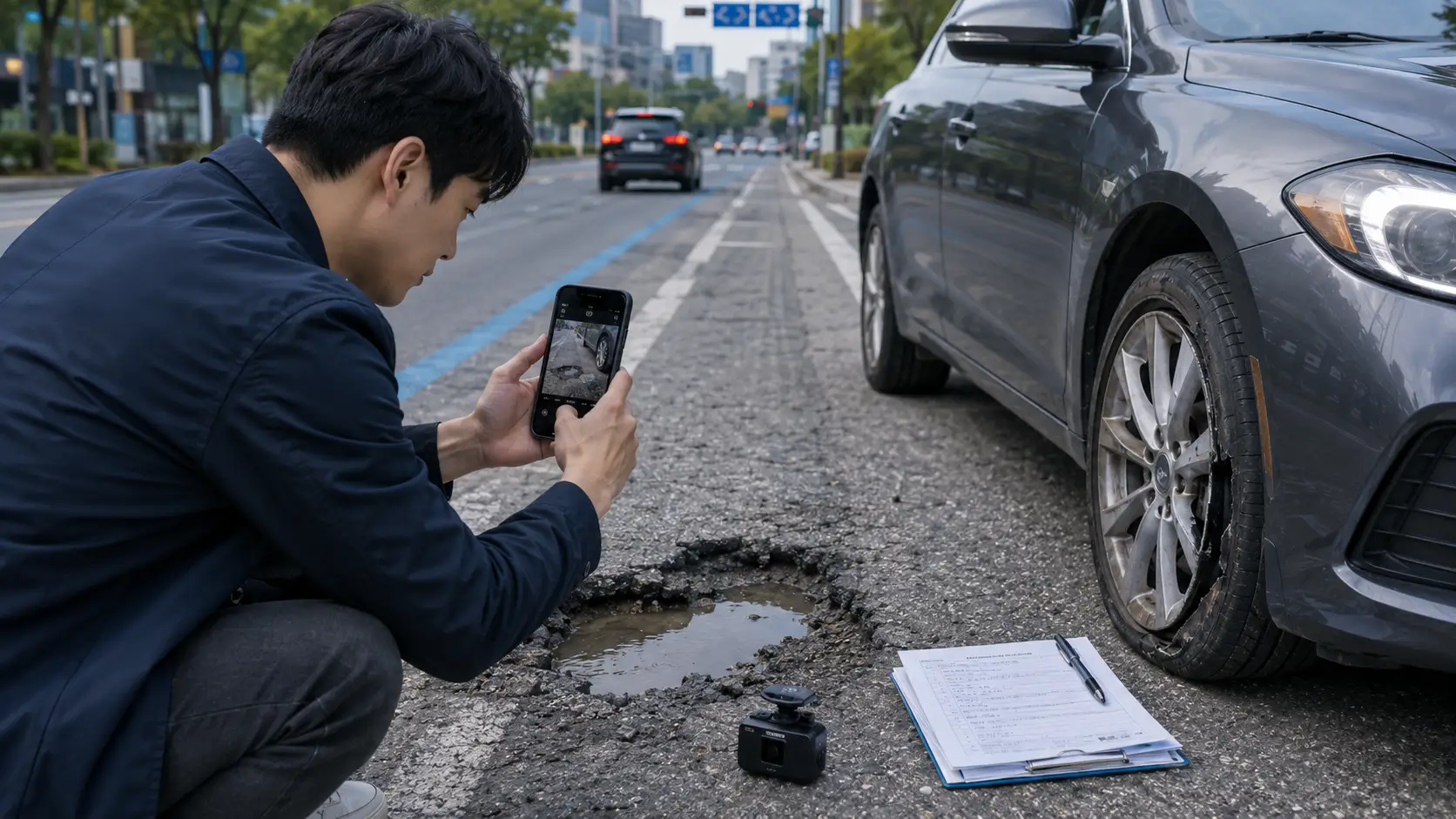 포트홀 사고 현장에서 차량 파손 부위와 도로 상태를 스마트폰으로 촬영하는 운전자
