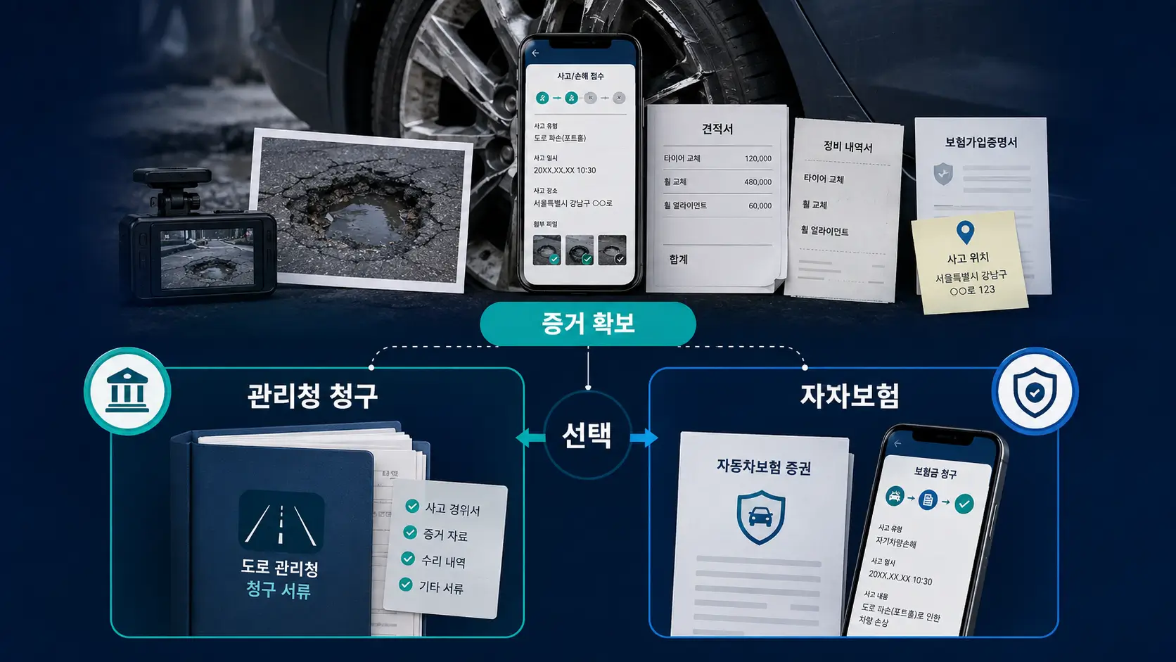 포트홀 사고 증거자료를 정리한 뒤 도로관리청 청구와 자차보험 처리를 비교하는 안내 이미지
