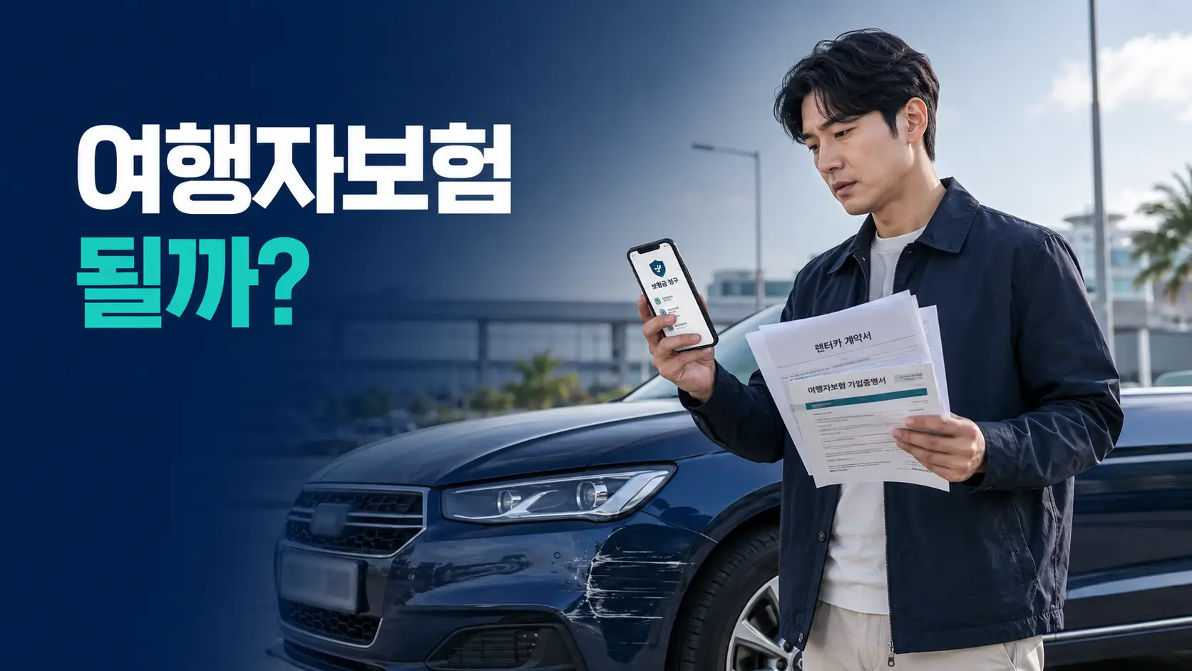 해외 렌터카 사고 후 파손된 차량 옆에서 여행자보험과 렌터카 계약서를 확인하는 여행자