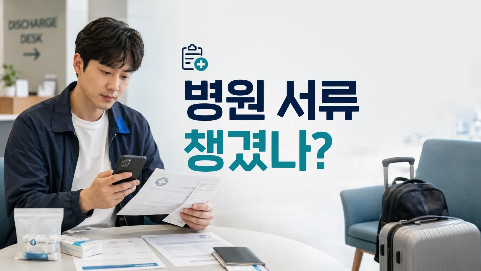 해외 병원 진료 후 진단서와 영수증을 확인하며 여행자보험 청구를 준비하는 여행자