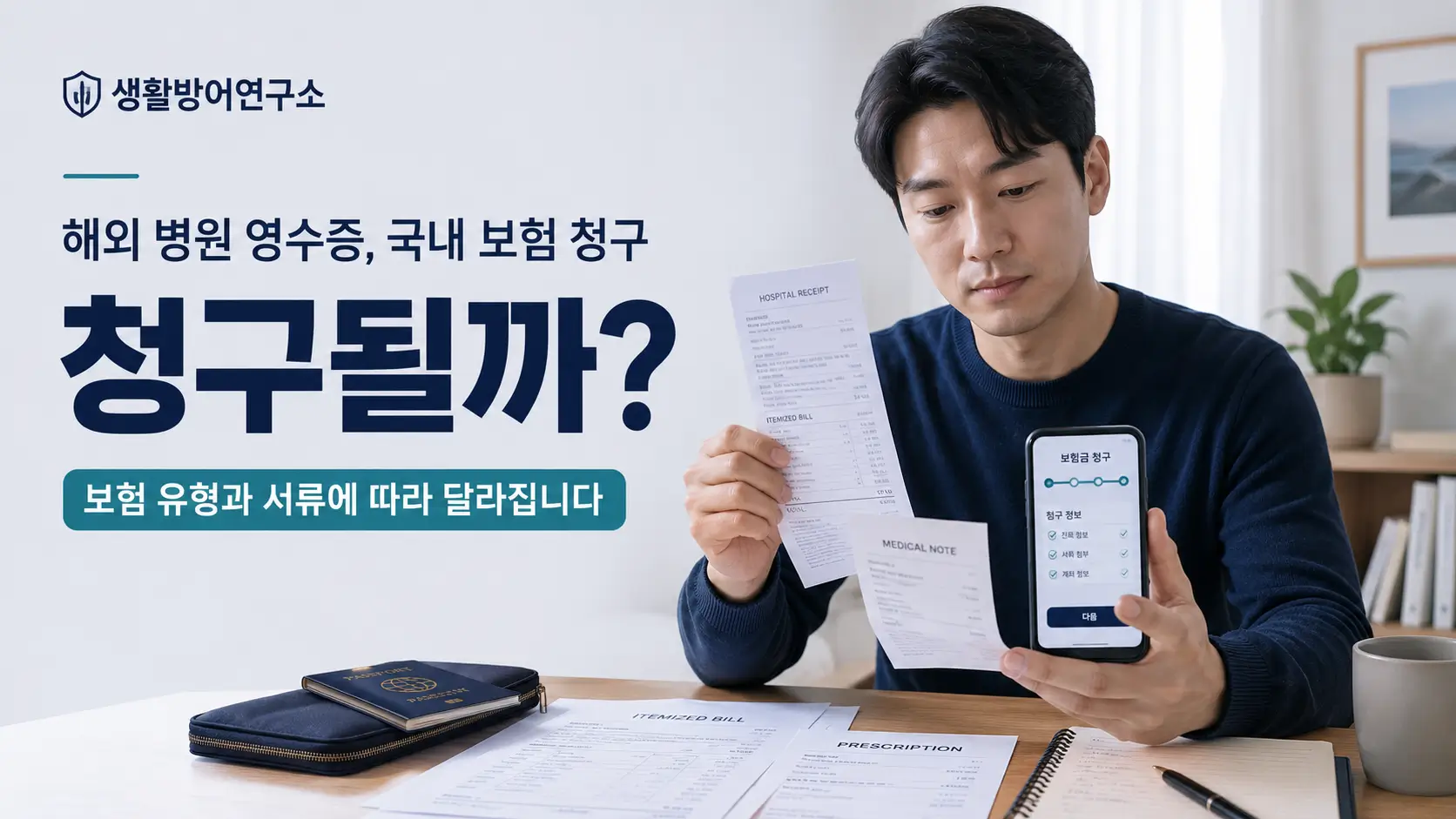 해외병원 영수증과 진료서류를 확인하며 국내 보험금 청구 가능 여부를 살펴보는 모습