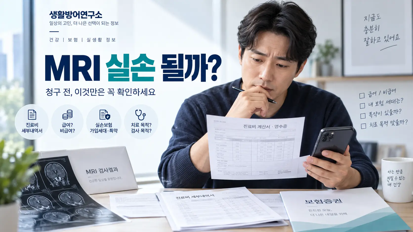 MRI 실손보험 청구 전 진료비 세부내역서와 보험증권을 확인하는 남성