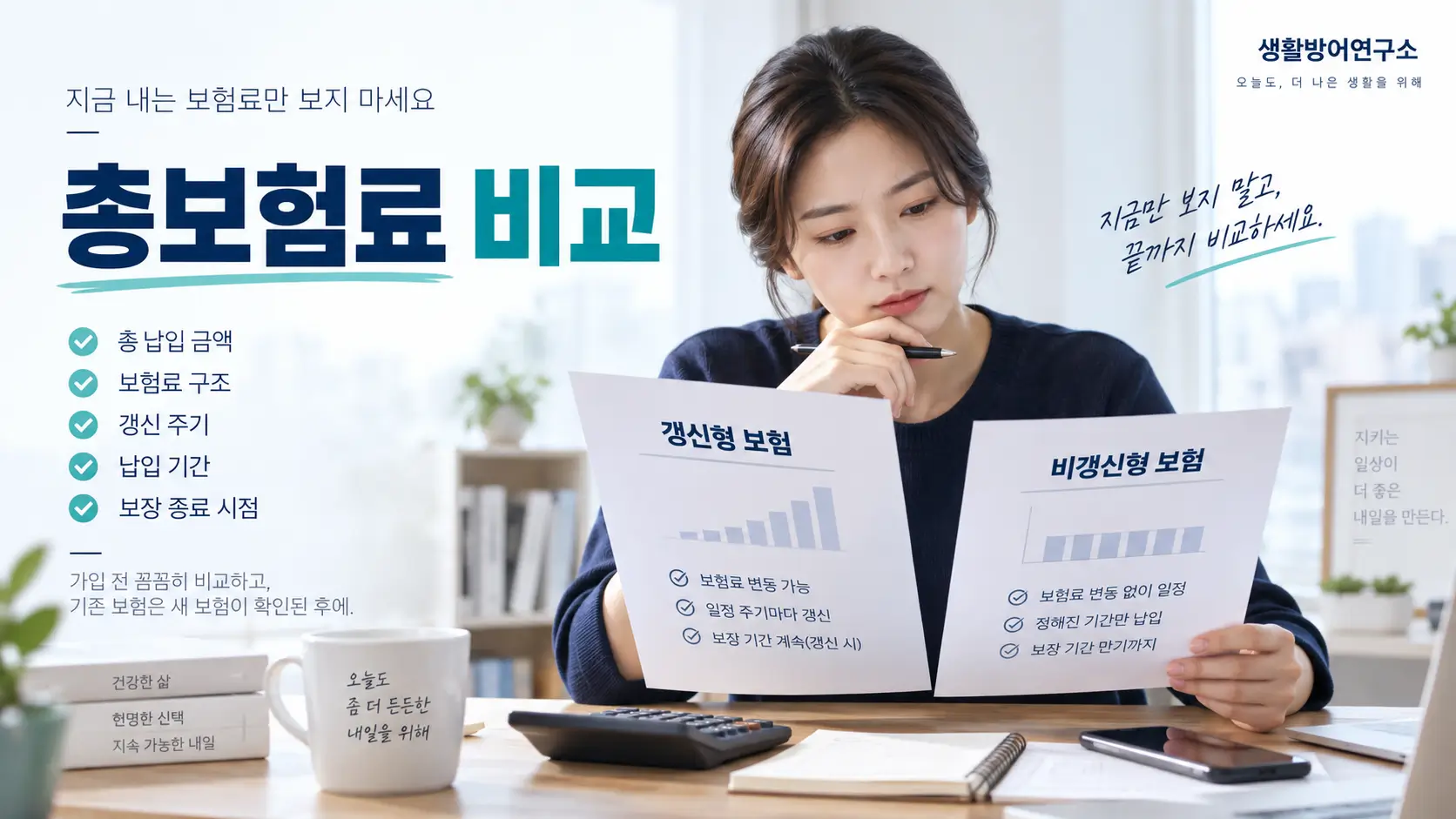 갱신형 보험과 비갱신형 보험의 총보험료와 납입 조건을 비교하는 모습